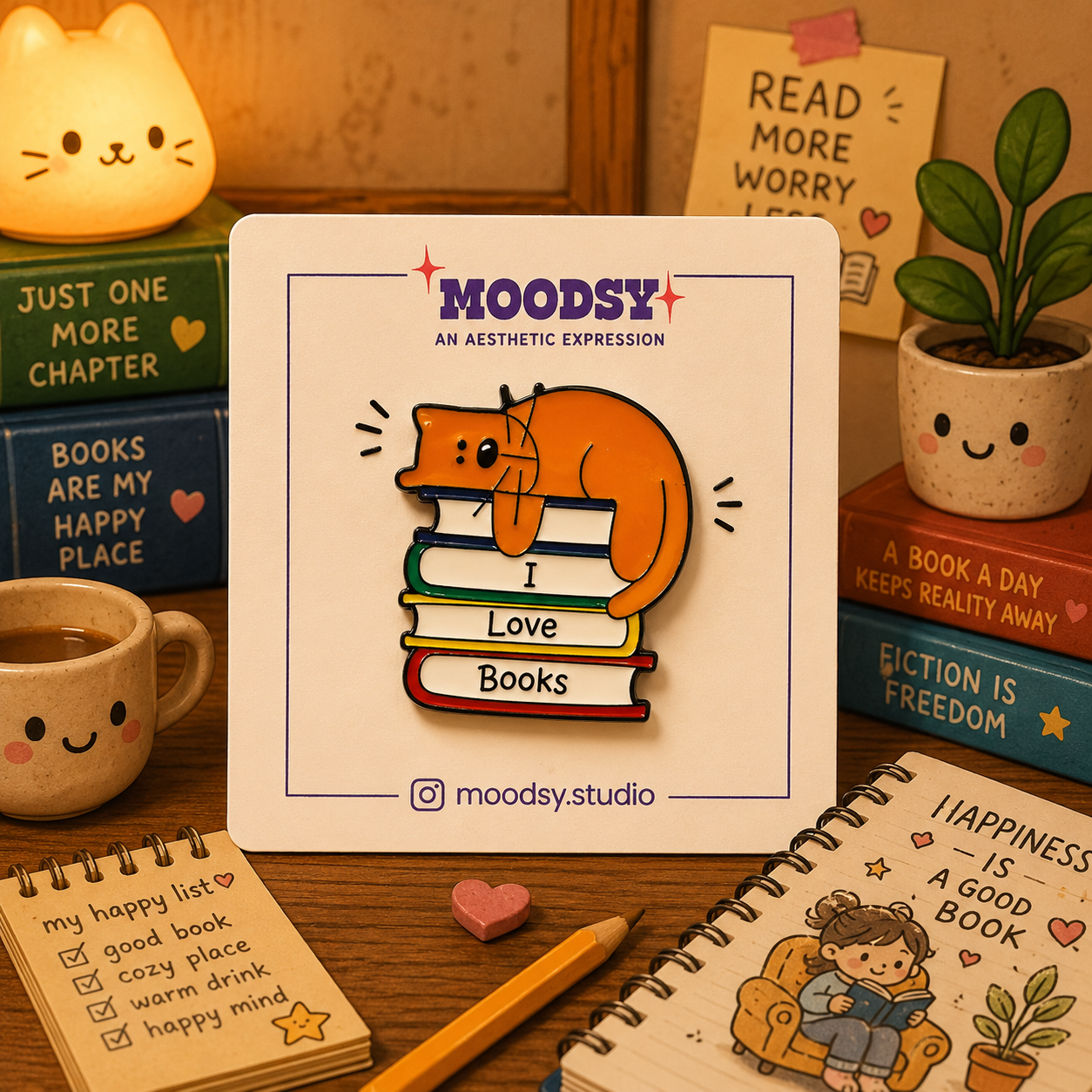 Bookworm Buddy Enamel Pin by Moodsy
