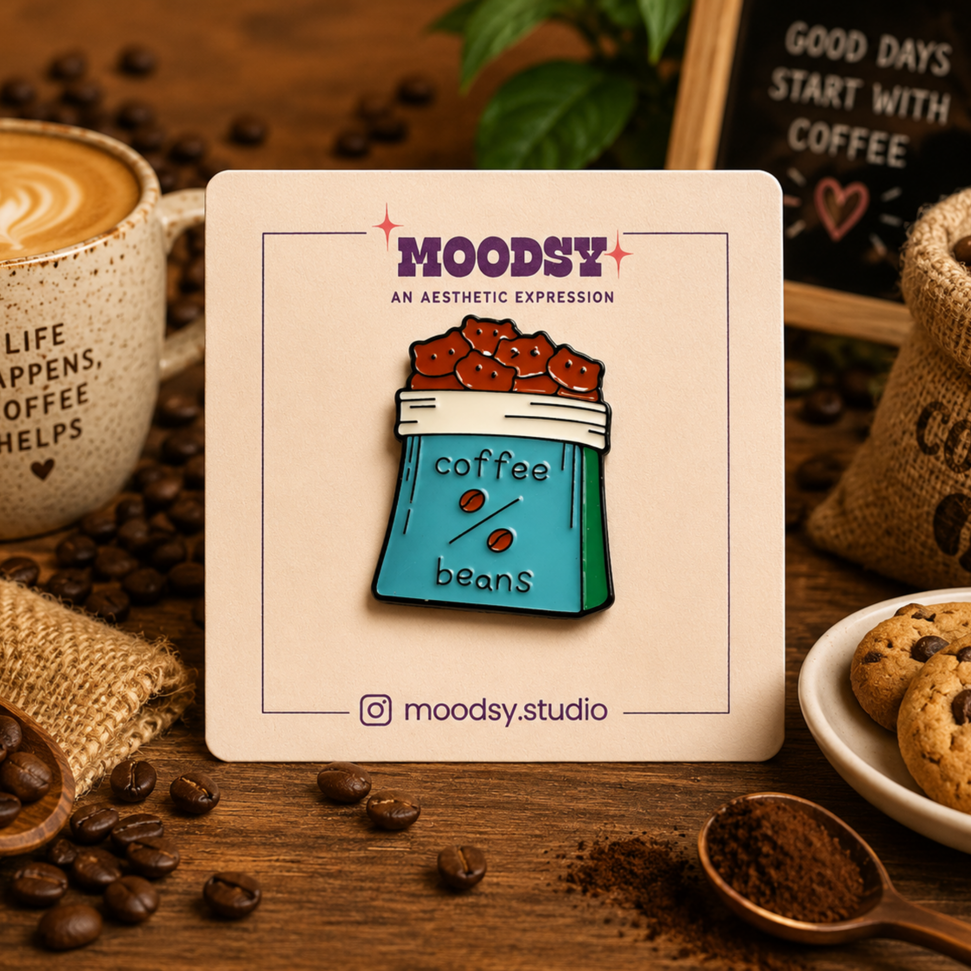 Coffee Bean Bag Enamel Pin by Moodsy