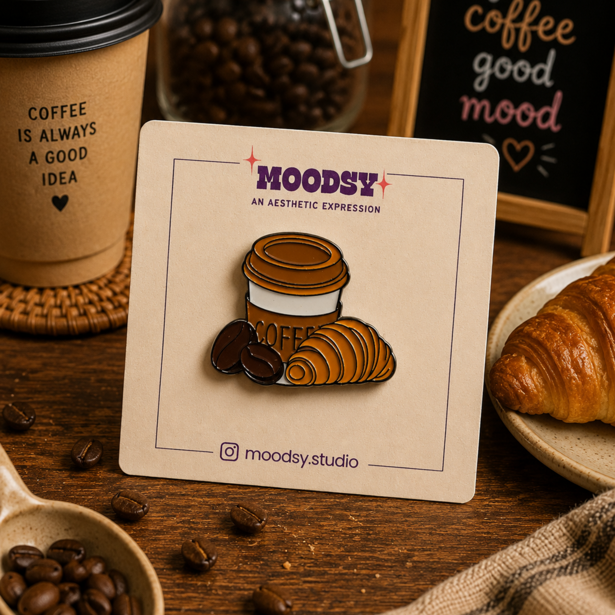 Coffee & Croissant Enamel Pin by Moodsy