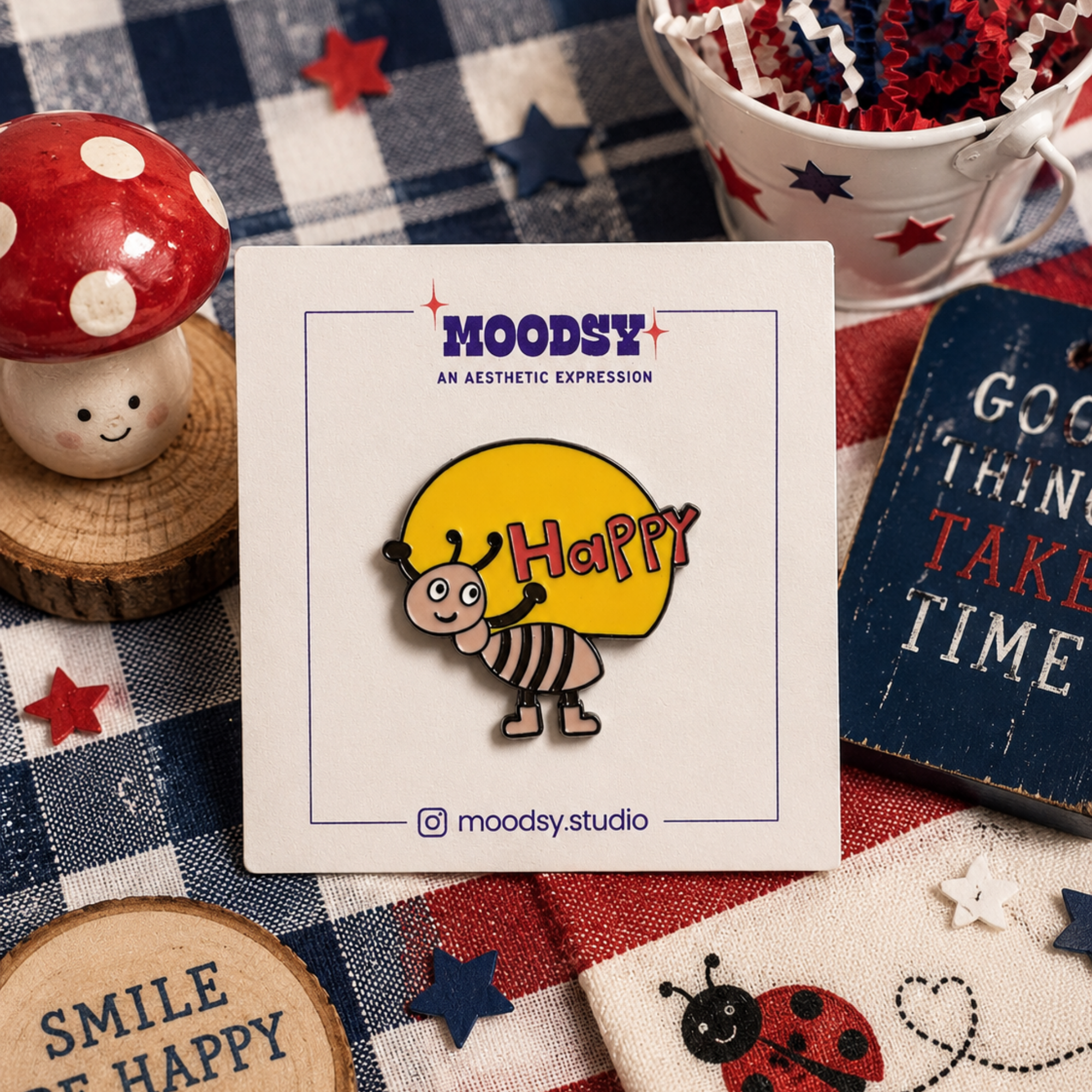 Happy Bee Enamel Pin by Moodsy