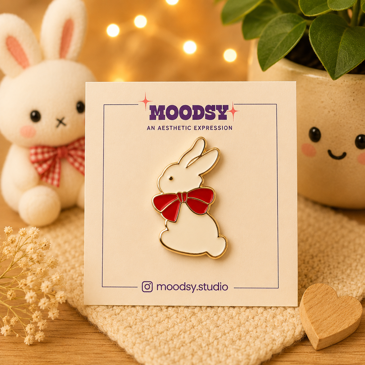 Ribbon Bunny enamel pin by Moodsy